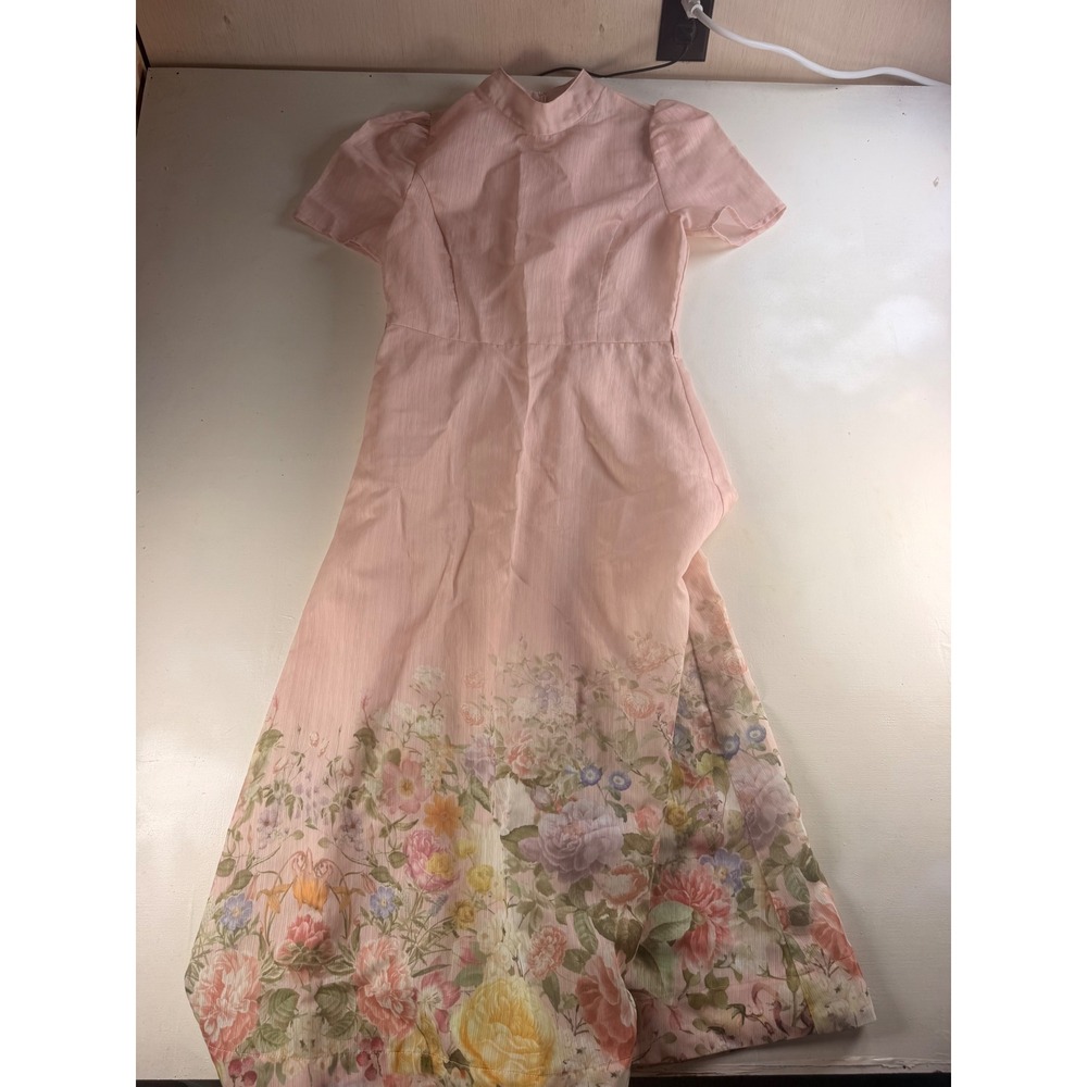 EB Luxe Los Angeles Maxi Dress Women Small Pink Y2K Floral Chiffon High Neck